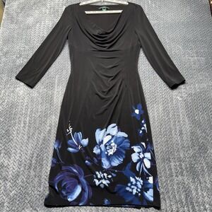 Lauren Ralph Lauren Black Blue Floral Cowl Neck Dress Women 4 Ruched Slimming***